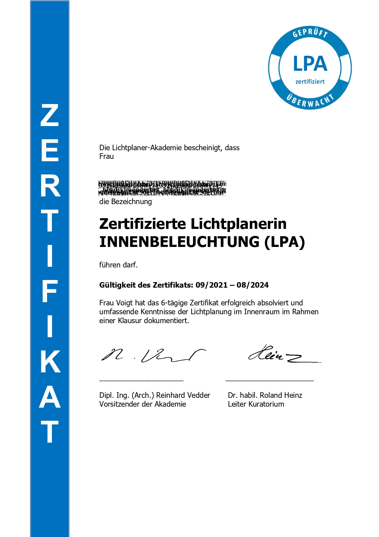 sineplan - Zertifikat LPA 2021 Lichtplaner fuer die  Innenbeleuchtung